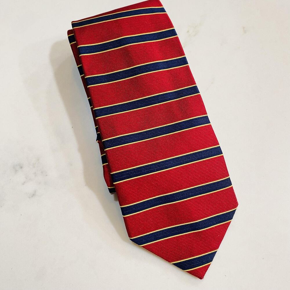 Brooks Brothers Tie Mens Red Navy Preppy Stripe All Silk Handmade Academia